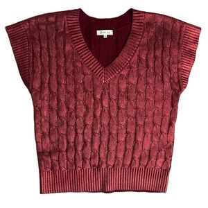 New‎ Another Love,Red  Metalic Cable Knit V Neck Sleeveless Sweater Vest, Medium
